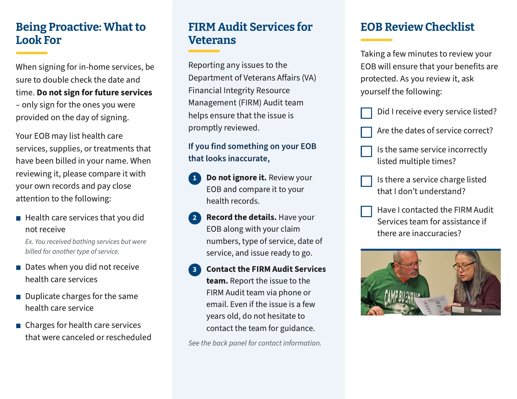 Brochure inside spread: what to look for on an Explanation of Benefits, three steps to report an error, and a review checklist