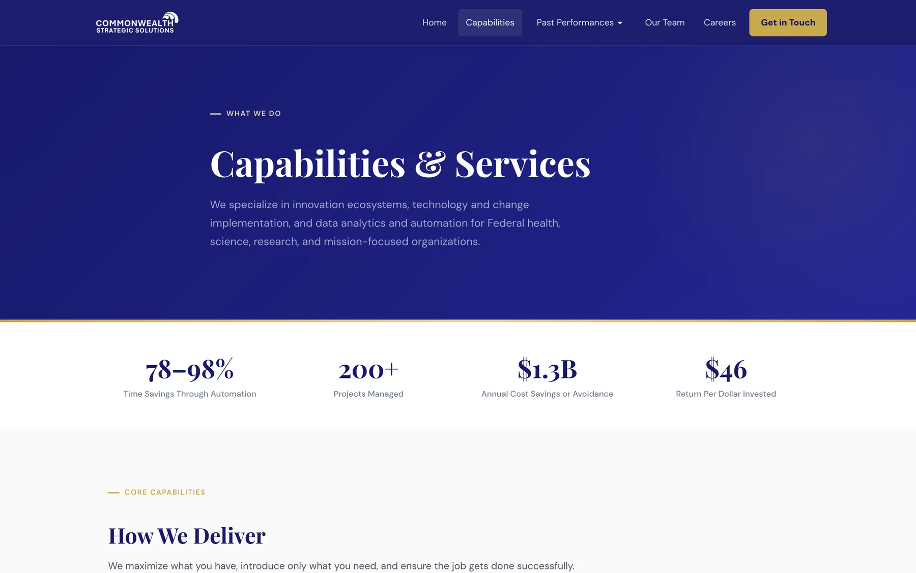 Capabilities and Services: a headline, a one-sentence summary, and a row of four results