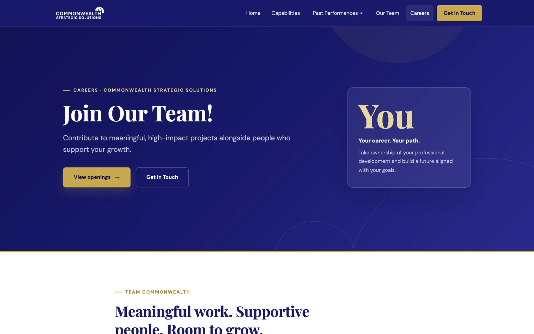 Careers page hero: Join Our Team, with a card that reads You. Your career. Your path.