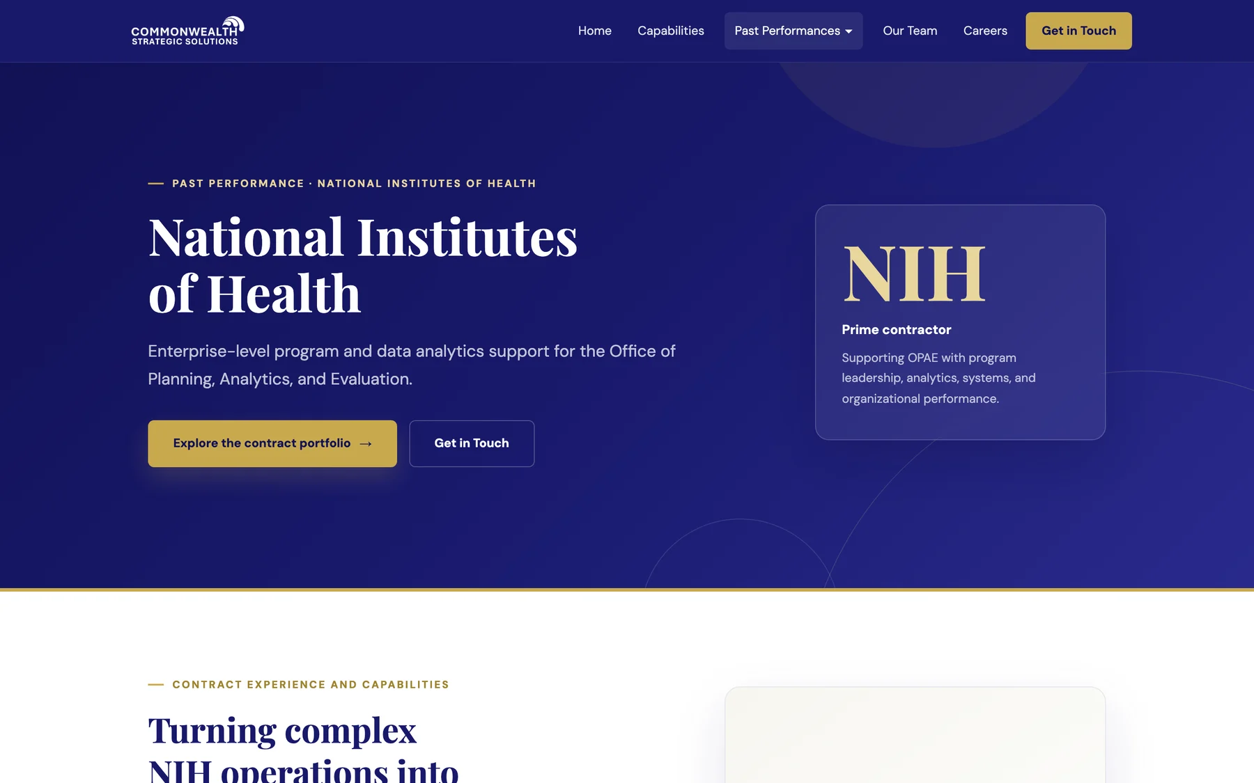 NIH page hero with a card: prime contractor