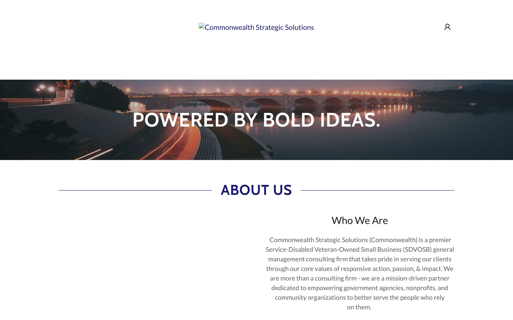 The old GoDaddy site, as archived in October 2025: a photo of a highway at night with the words Powered by bold ideas, then a centered About Us section