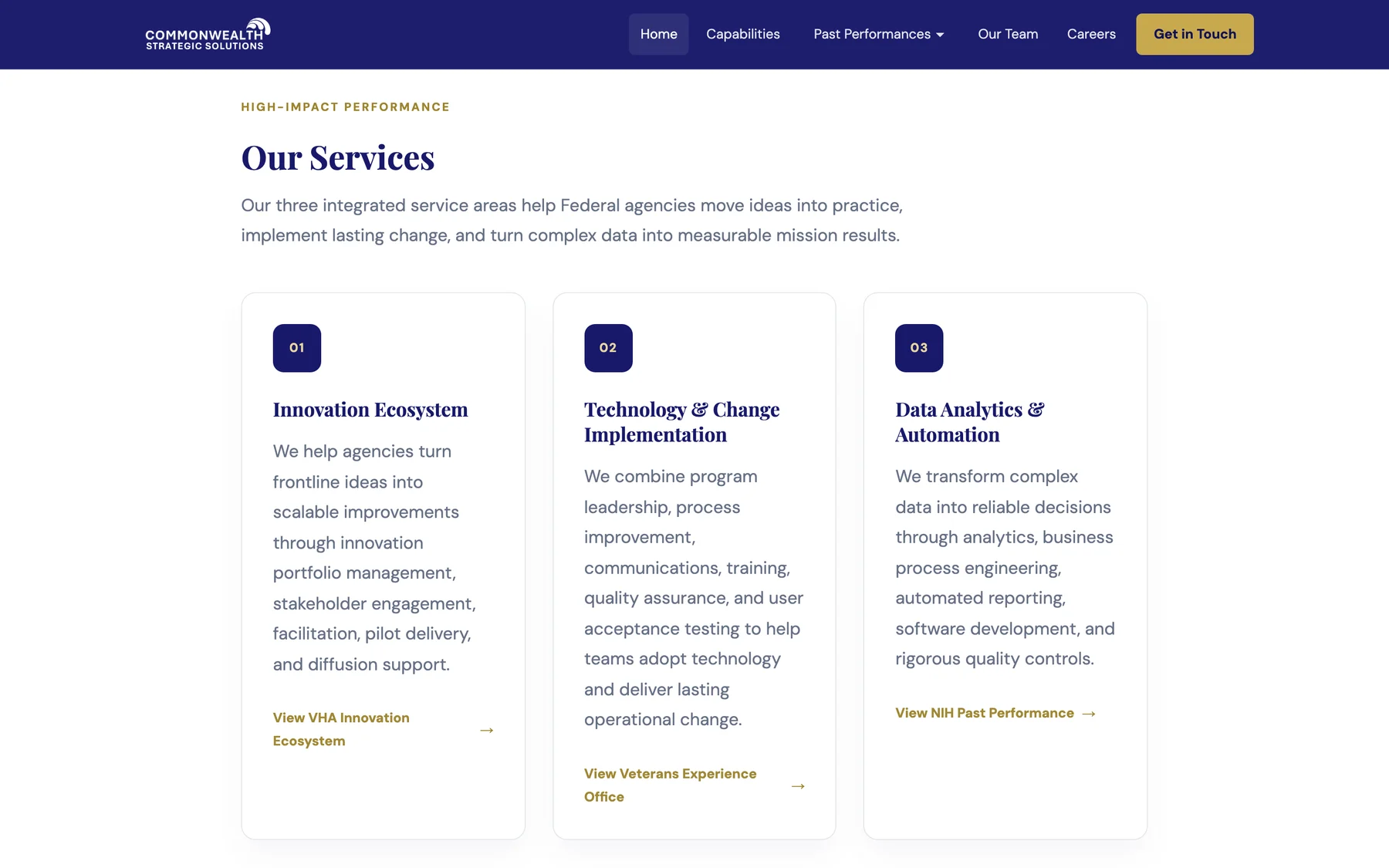 Our Services: three numbered cards, each linking to the matching past-performance page