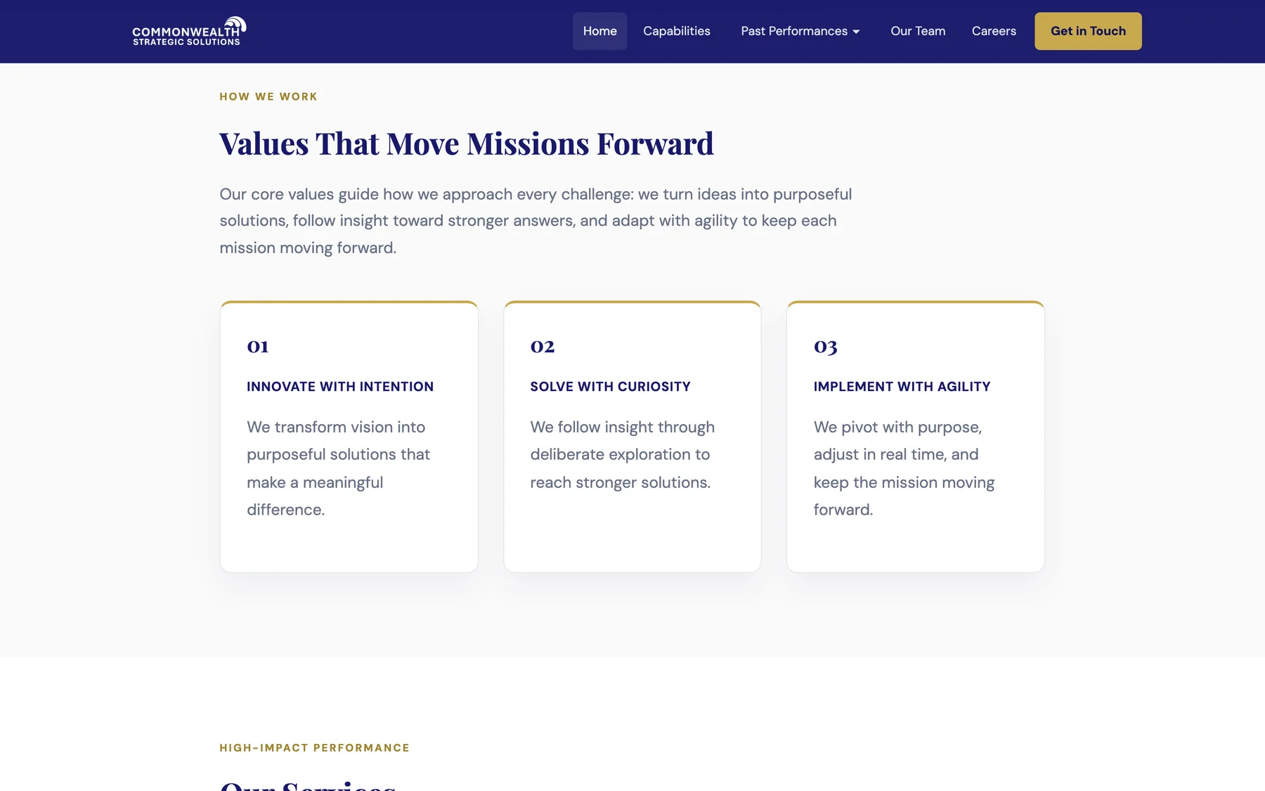 Values That Move Missions Forward: three numbered cards, Innovate with Intention, Solve with Curiosity, Implement with Agility