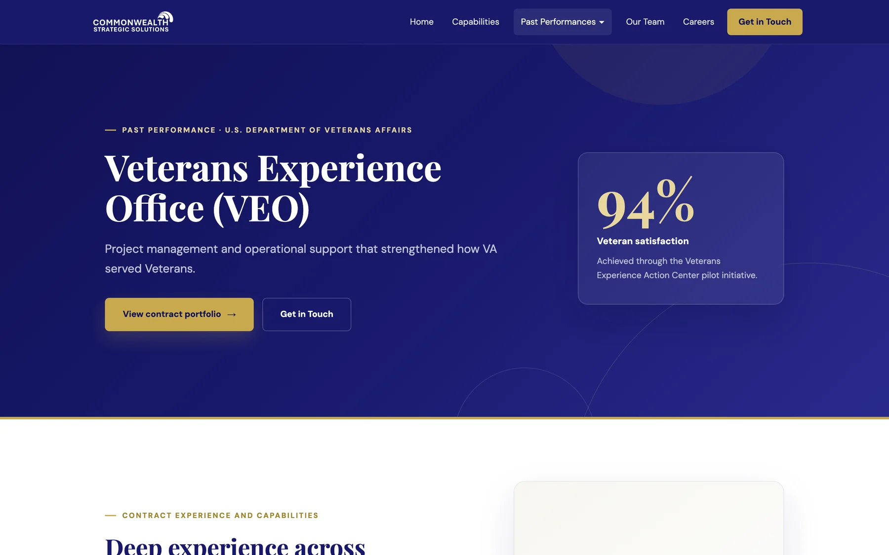 Veterans Experience Office page hero with a stat card: 94% Veteran satisfaction