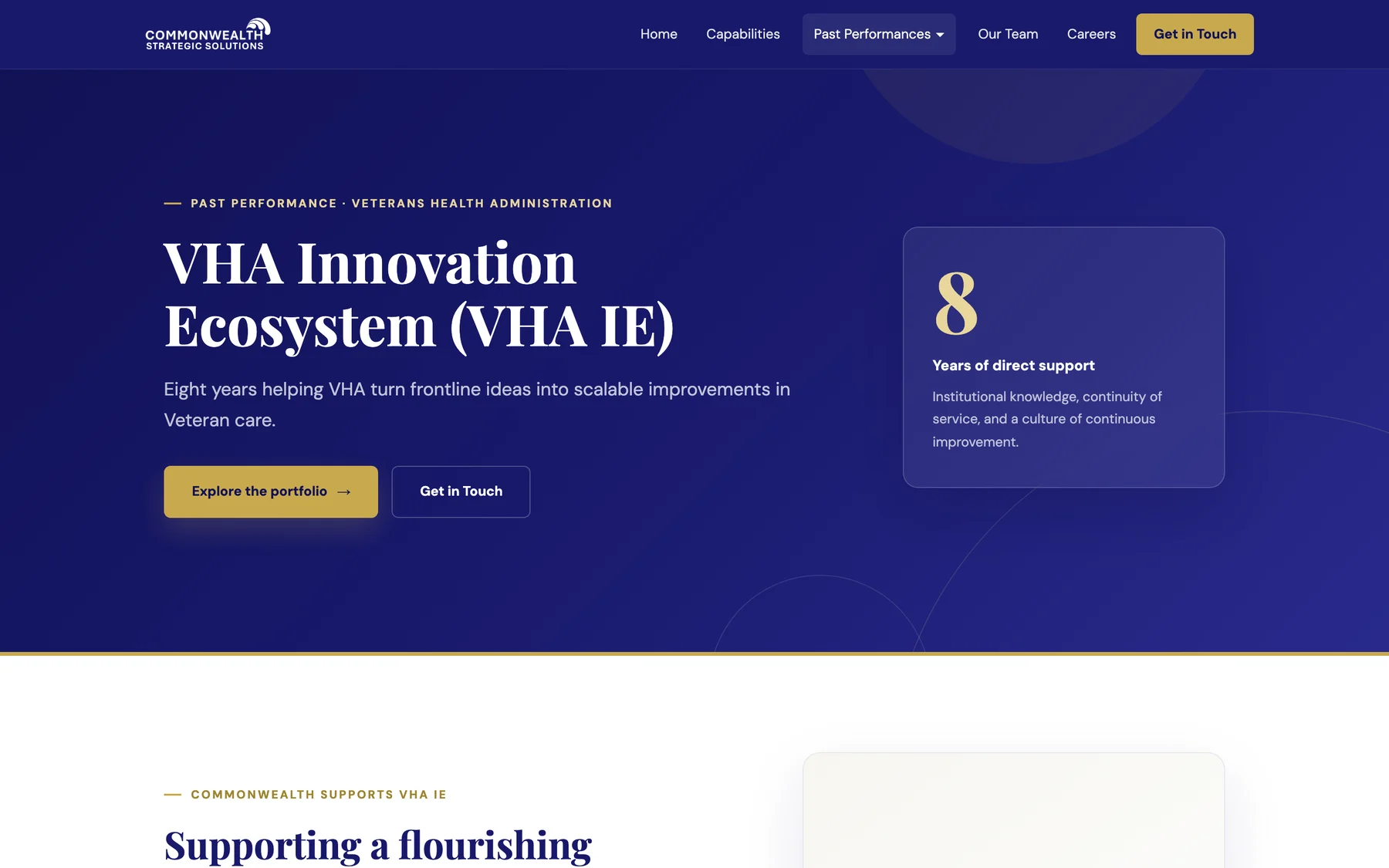 VHA Innovation Ecosystem page hero with a stat card: 8 years of direct support