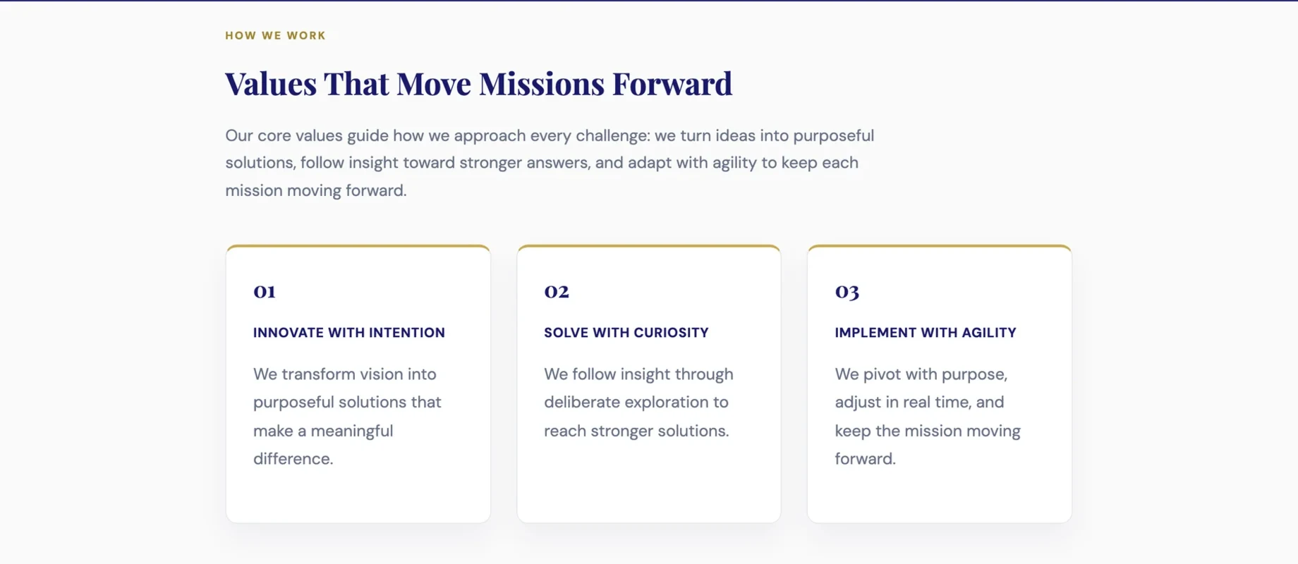 The values section of cw-ss.com: Values That Move Missions Forward, with three numbered cards — Innovate with Intention, Solve with Curiosity, Implement with Agility