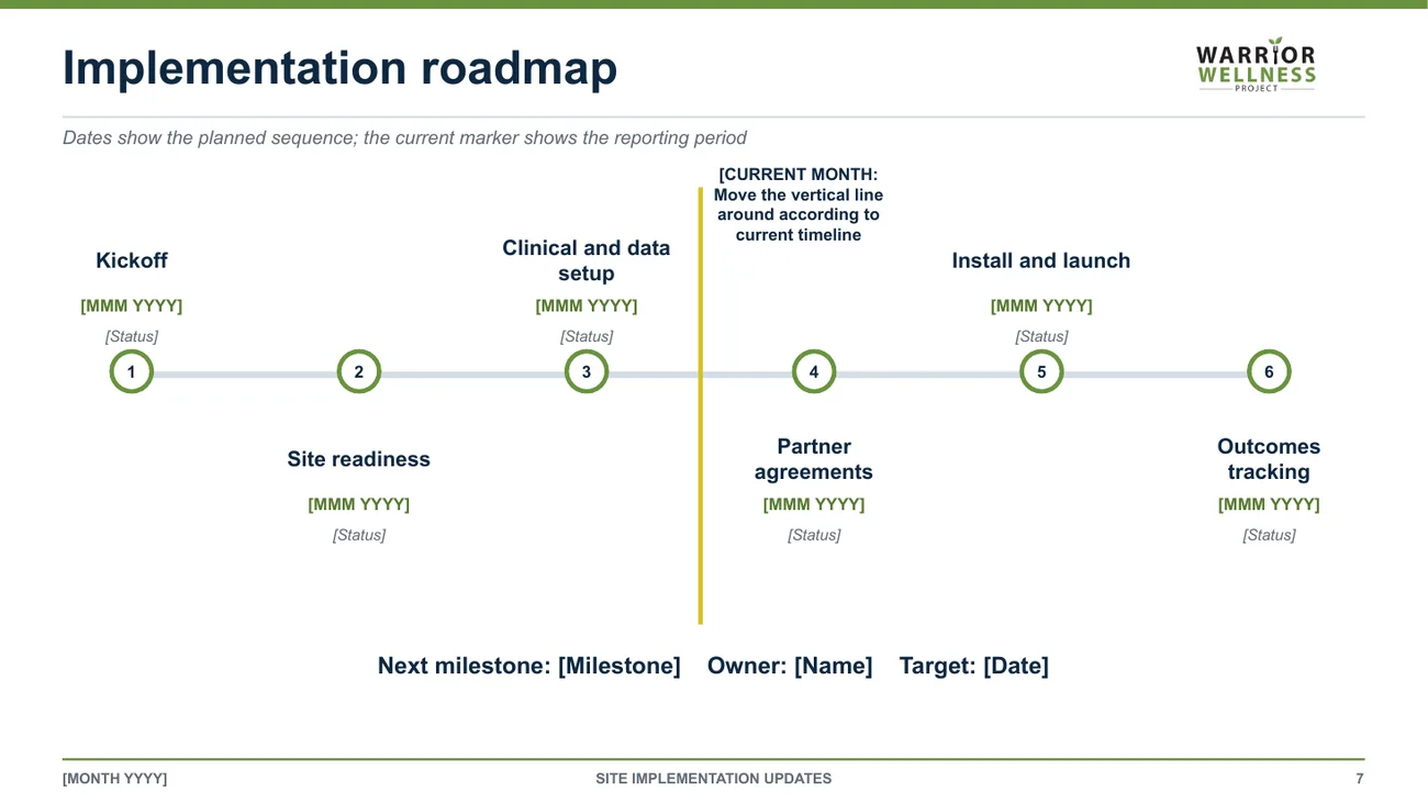 Slide: implementation roadmap with a current-month marker