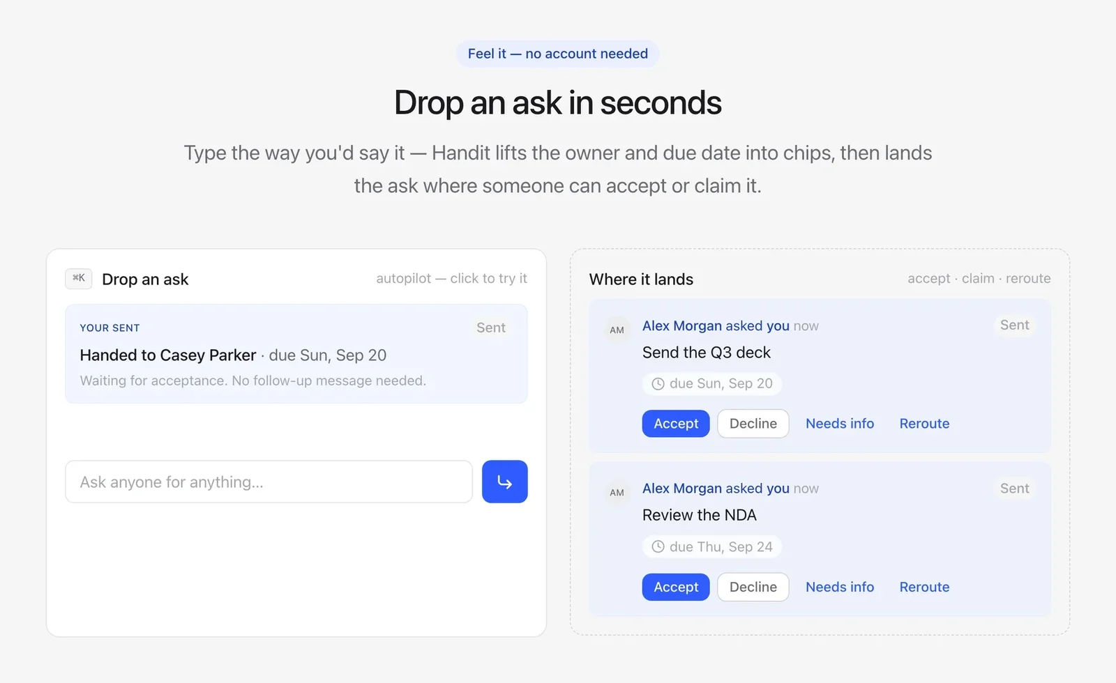 Handit’s live demo: type an ask the way you’d say it, and it lands with an owner and a due date
