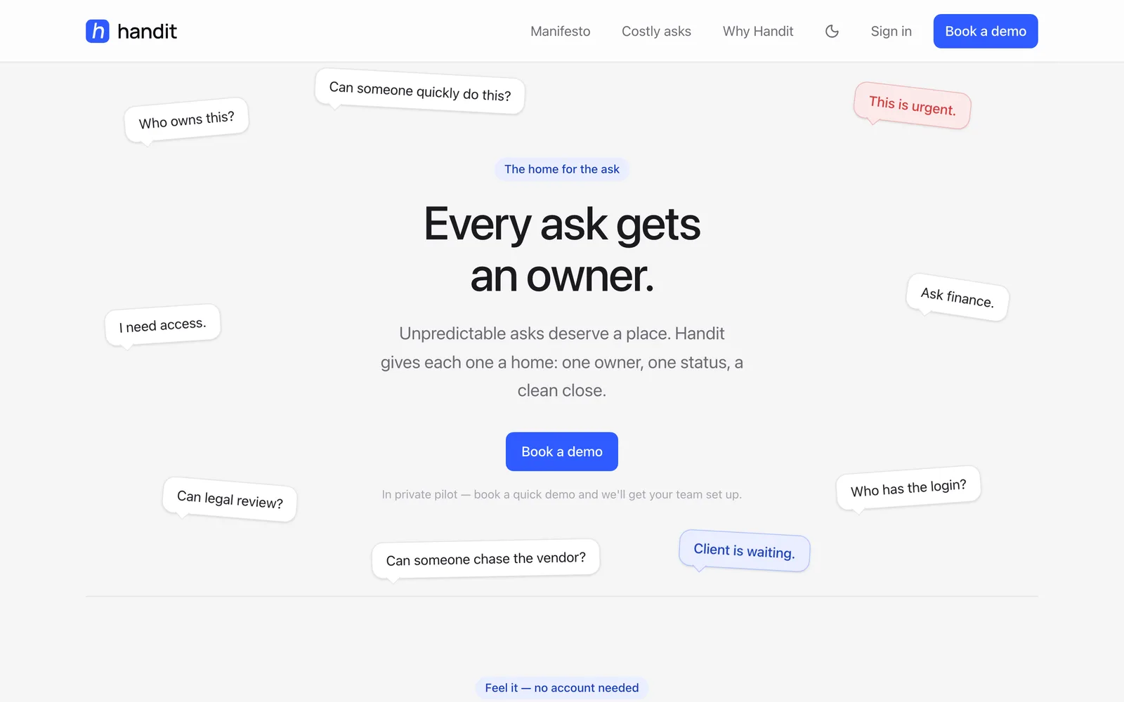 The handit.to homepage: “Every ask gets an owner,” surrounded by the stray requests it catches