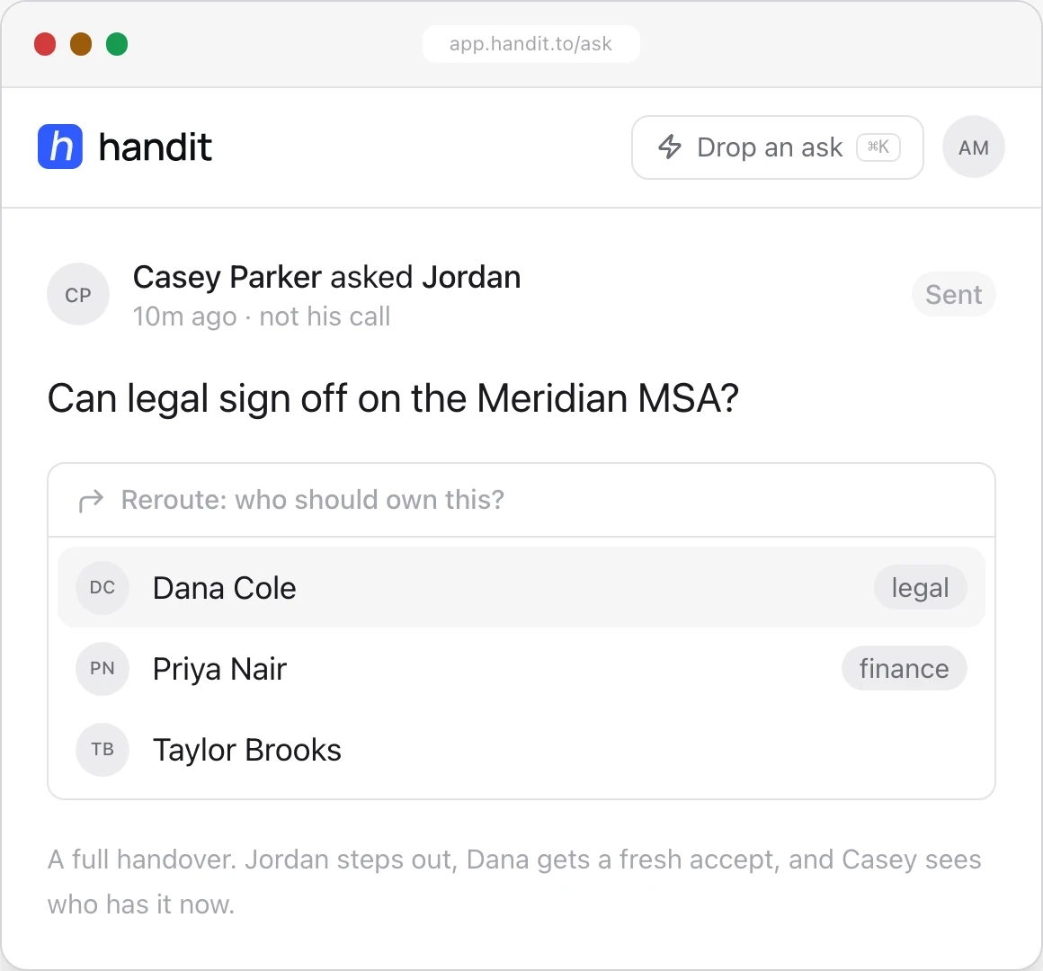 Reroute: who should own this? A list of teammates with their teams.