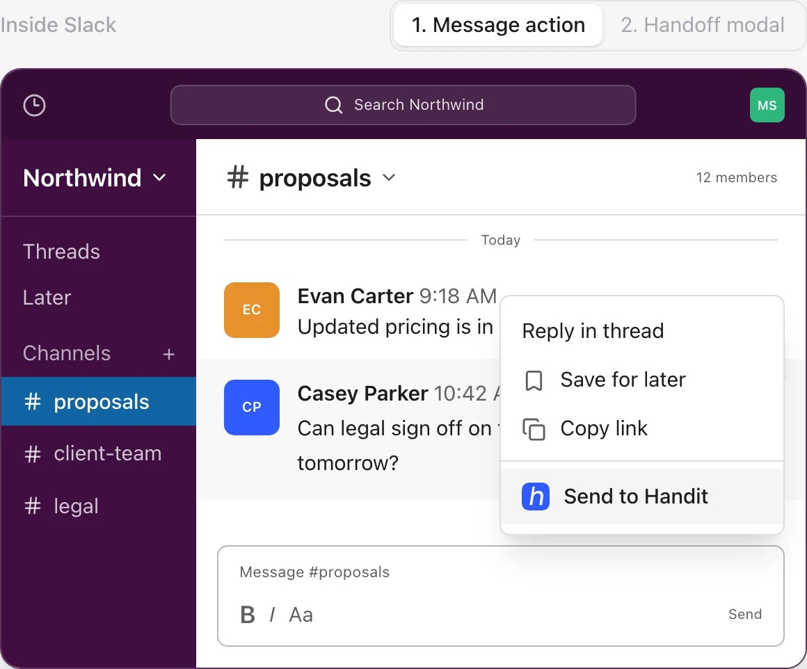 In Slack, a message’s More actions menu shows Send to Handit