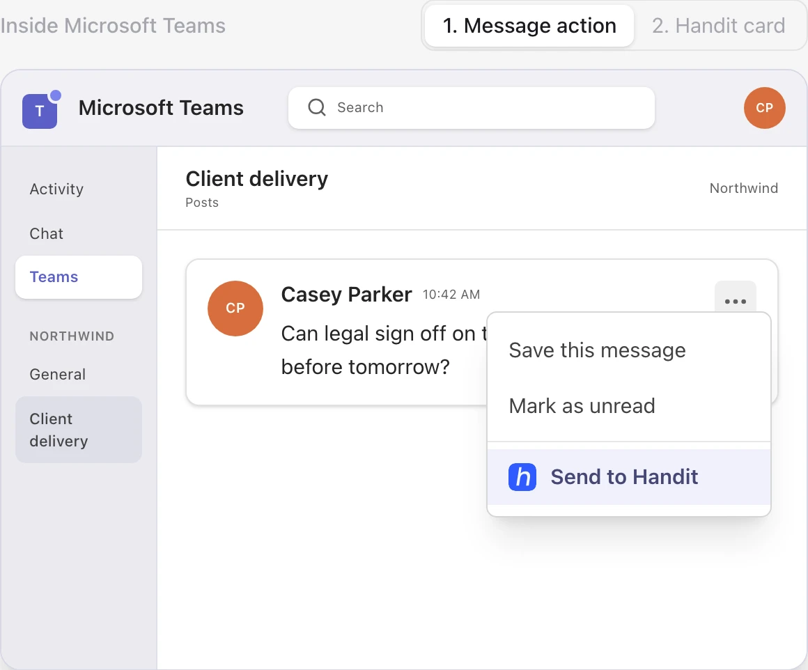 In Microsoft Teams, a message’s menu shows Send to Handit