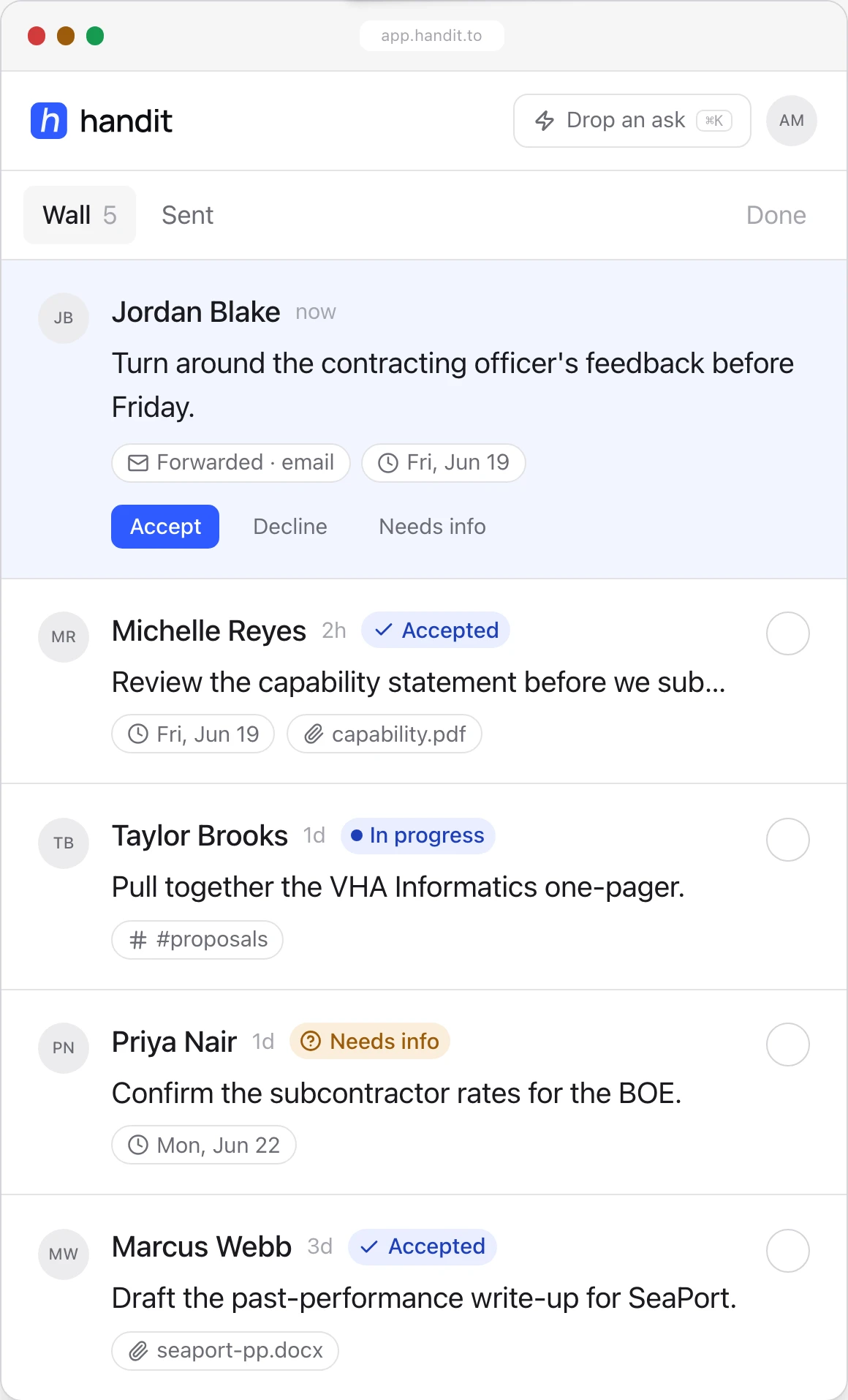 The wall: incoming asks with Accept, Decline, and Needs info, and status labels like Accepted, In progress, and Needs info