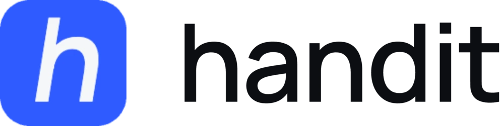 Handit lockup on light: blue h tile and the word handit