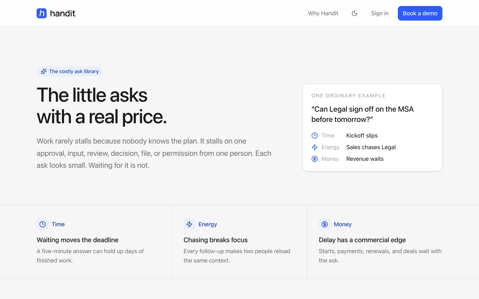 The costly ask library: The little asks with a real price. Can Legal sign off on the MSA before tomorrow? Kickoff slips, Sales chases Legal, revenue waits.