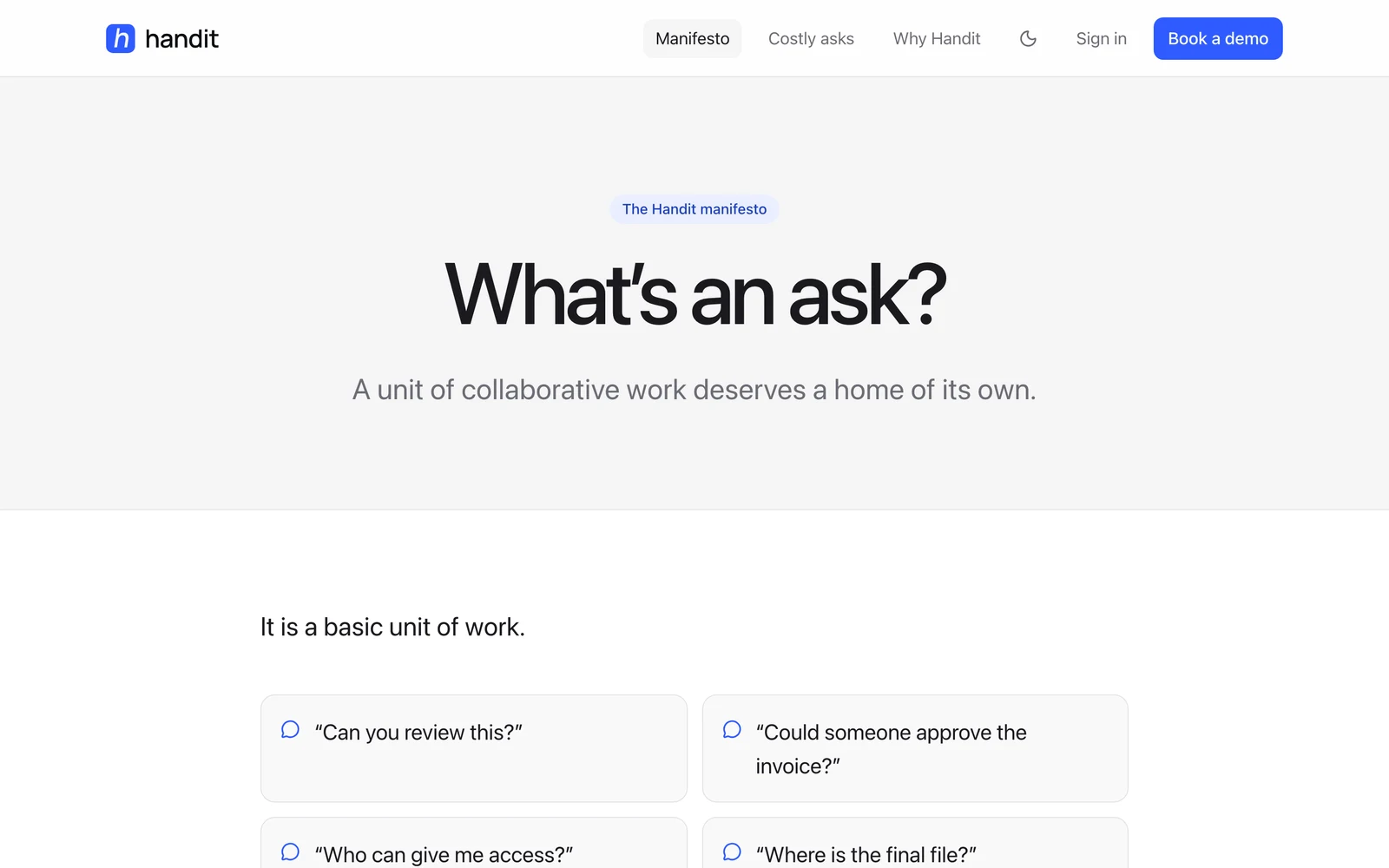 The Handit manifesto page: What’s an ask? A unit of collaborative work deserves a home of its own.