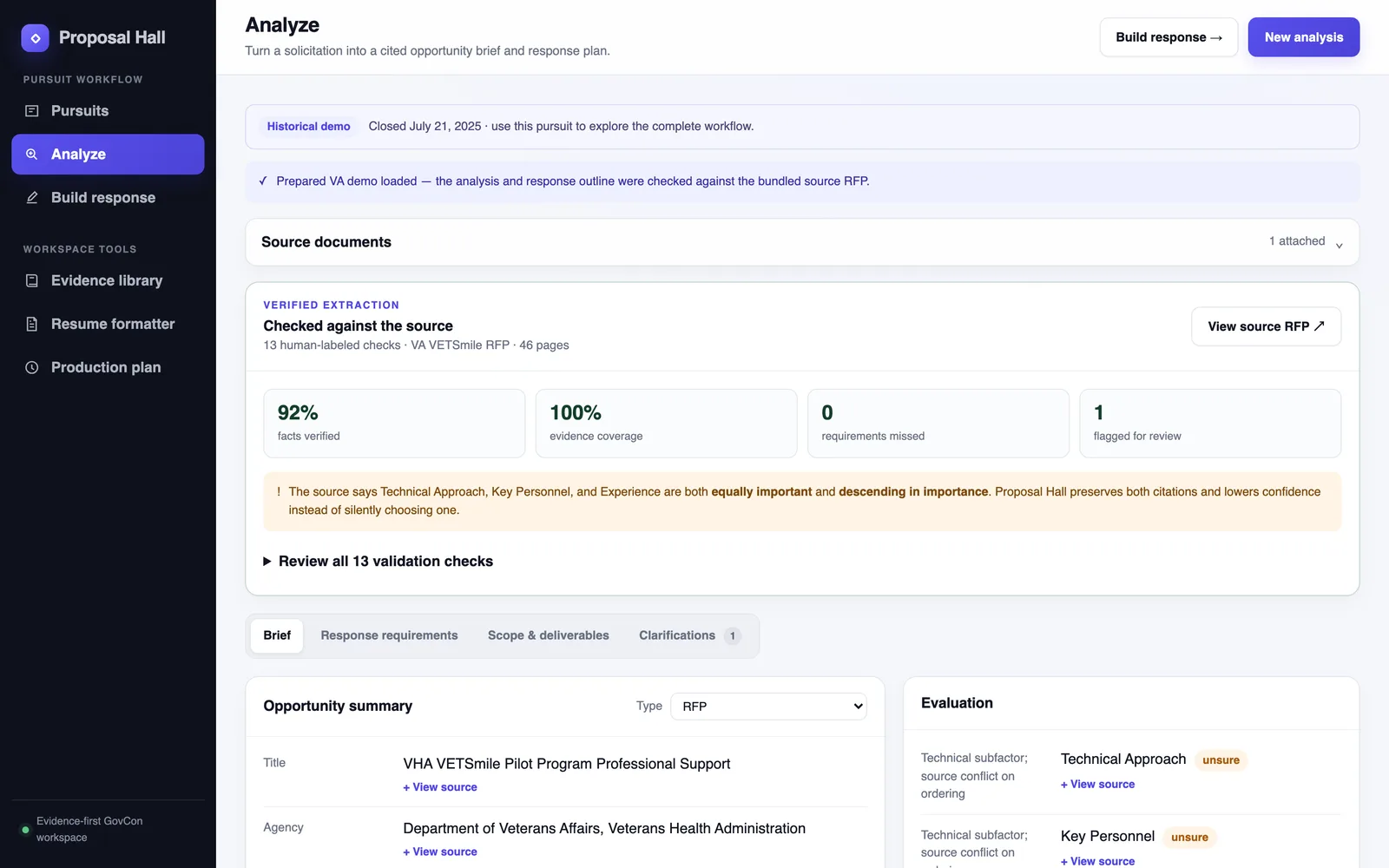 Analyze: a VA solicitation checked against the source, with verified facts and flagged conflicts