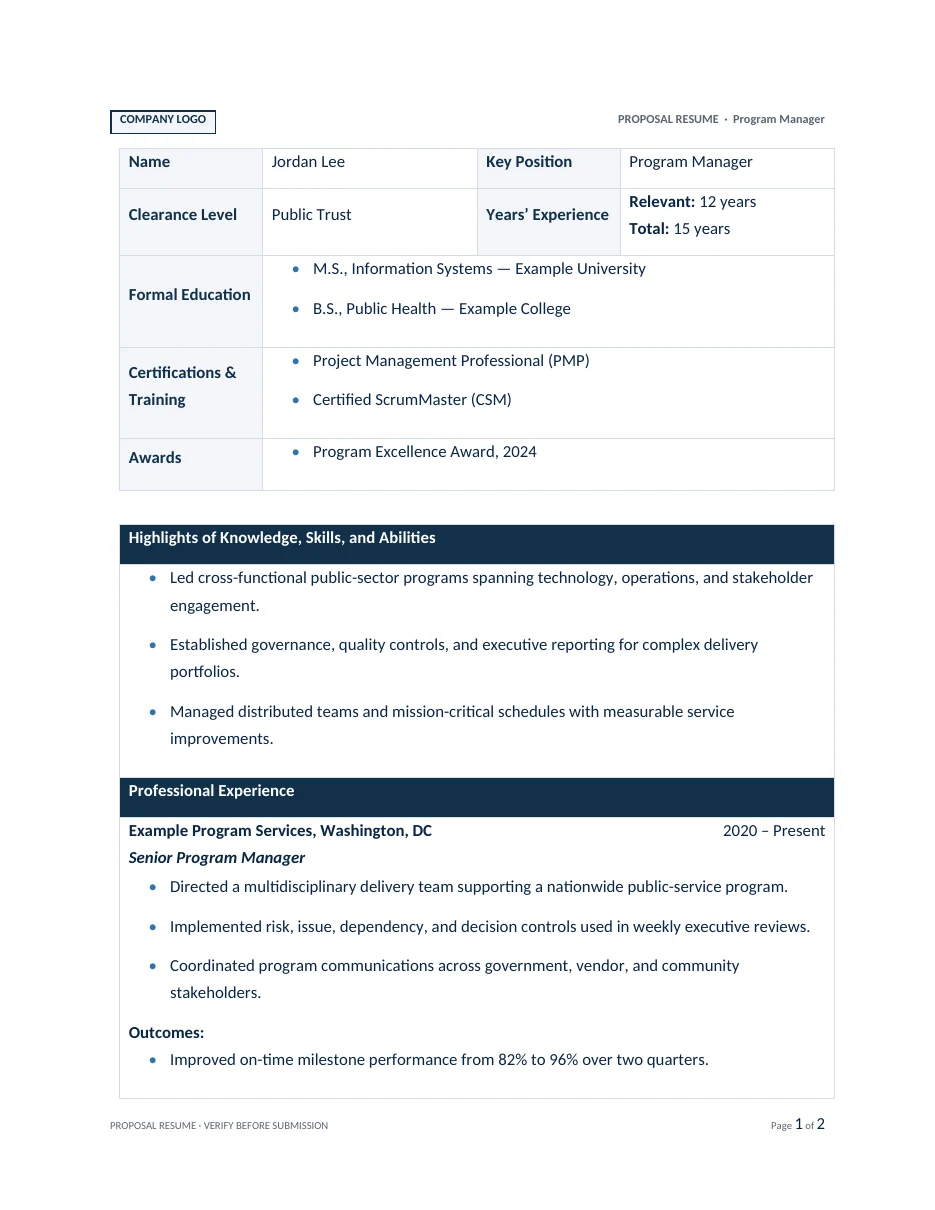 Generated proposal resume for a sample program manager