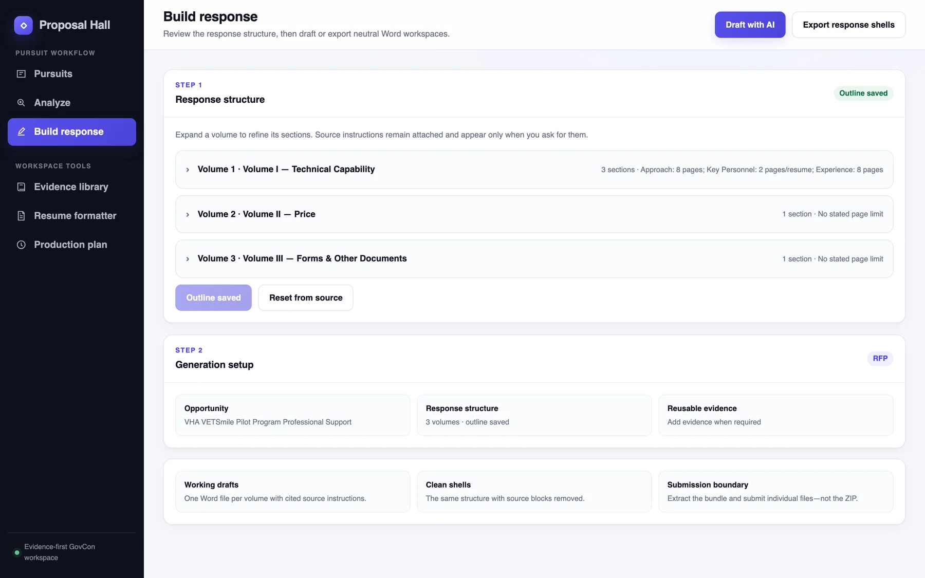 Build response: the proposal structure volume by volume, and the setup for generating Word documents