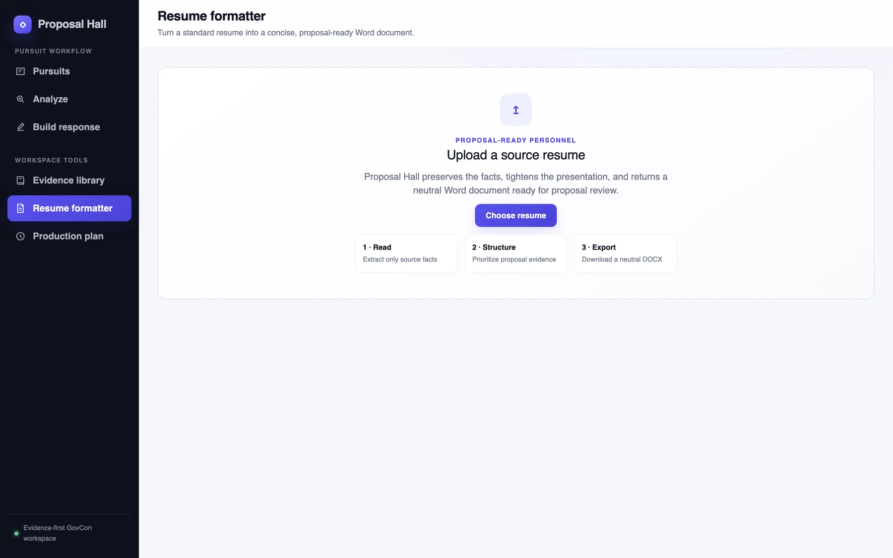 Resume formatter: Upload a source resume, with three steps: read, structure, export