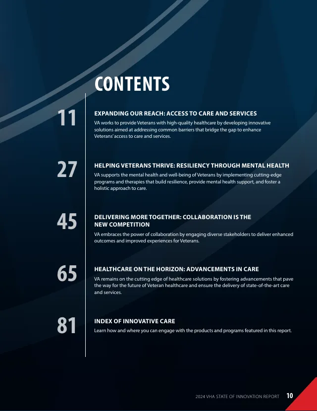Contents page: four sections, from expanding access to care to healthcare on the horizon, then an index of innovative care