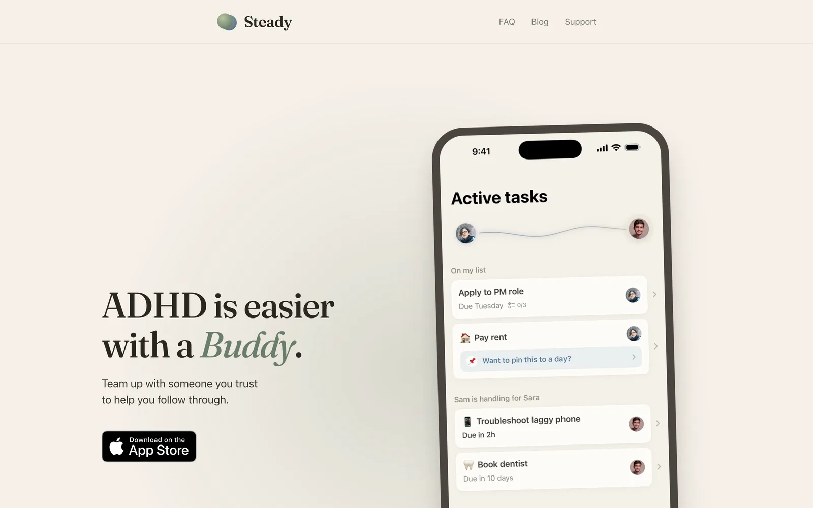 The steadypair.com homepage: “ADHD is easier with a Buddy,” beside an iPhone showing a shared task list