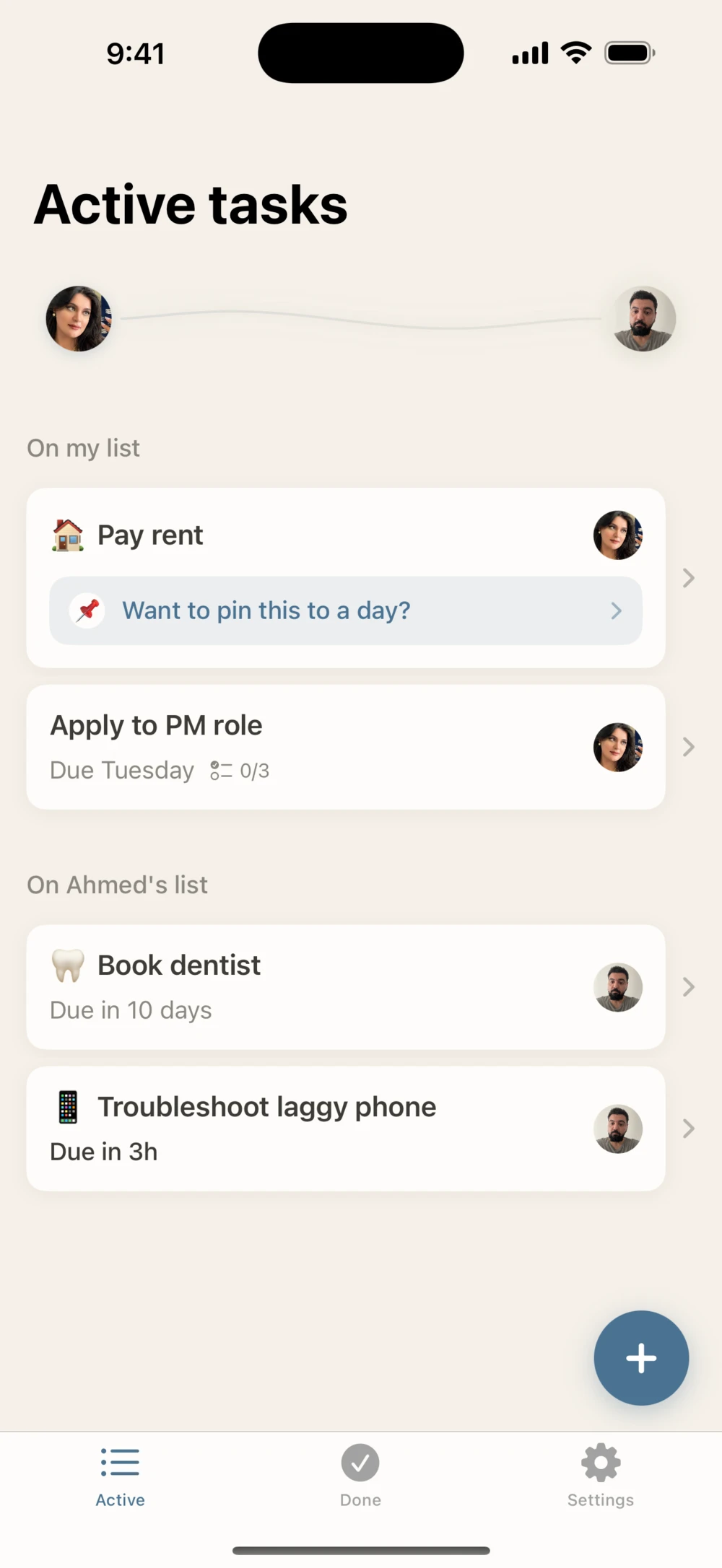 Active tasks: two faces joined by a line, then On my list and On Ahmed’s list