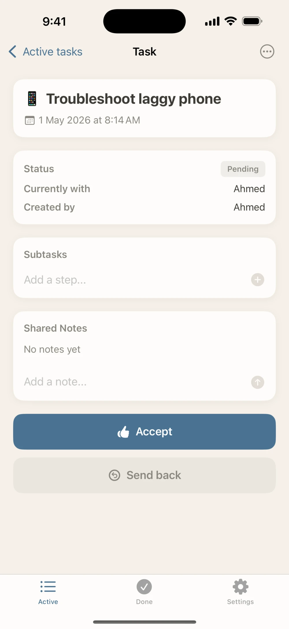 Task detail for the Anchor: Accept or Send back