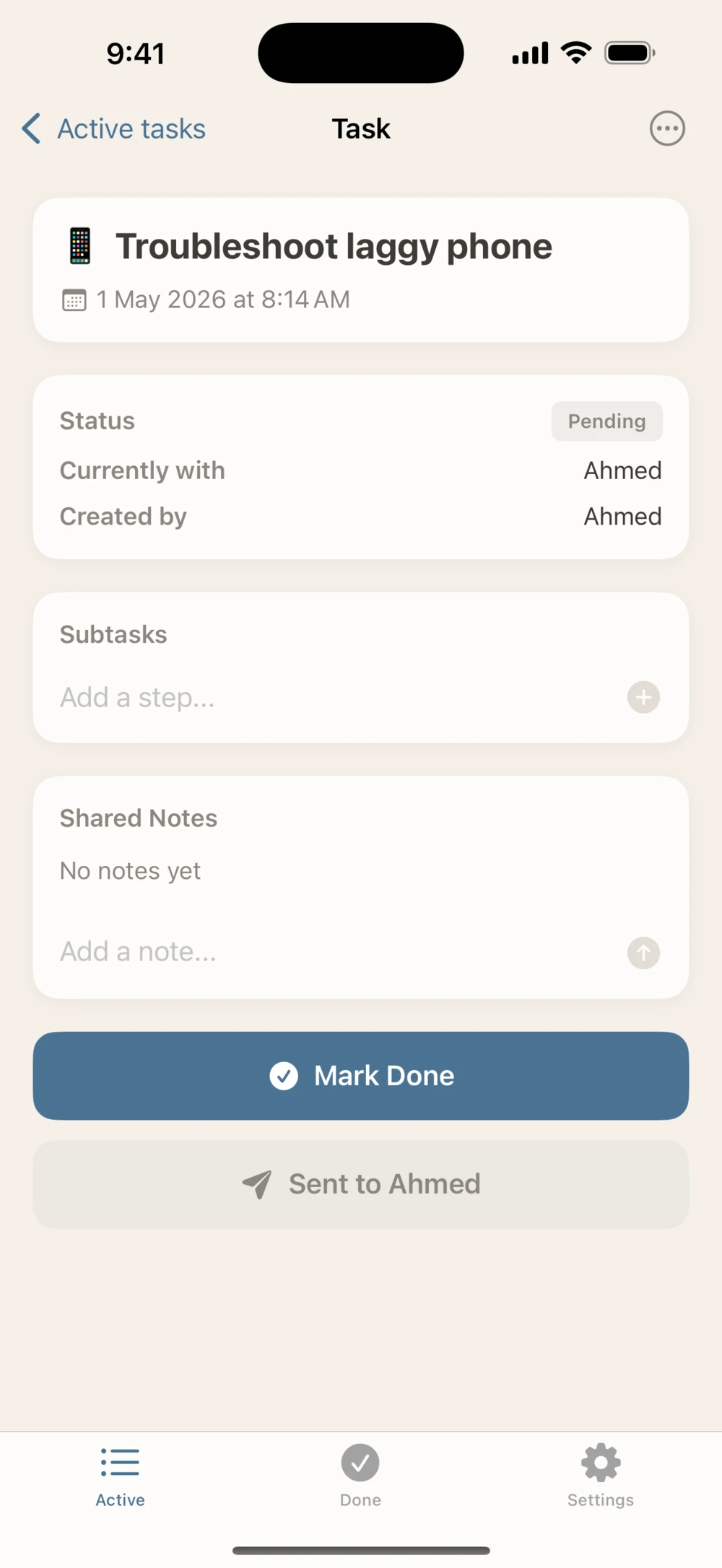 Task detail for the Explorer: Mark Done, and a note that it was sent to Ahmed