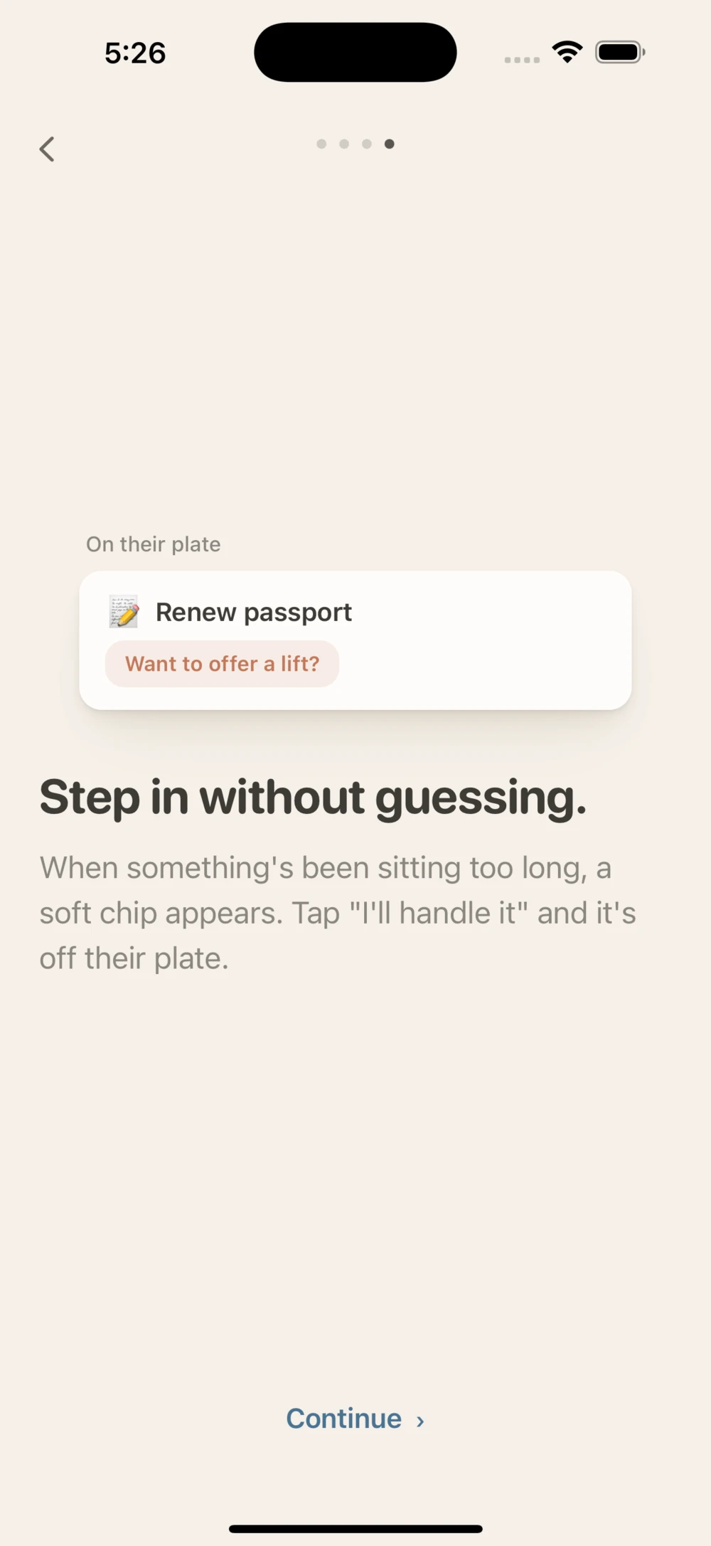 Step in without guessing. A card reads Renew passport, with a coral chip: Want to offer a lift?