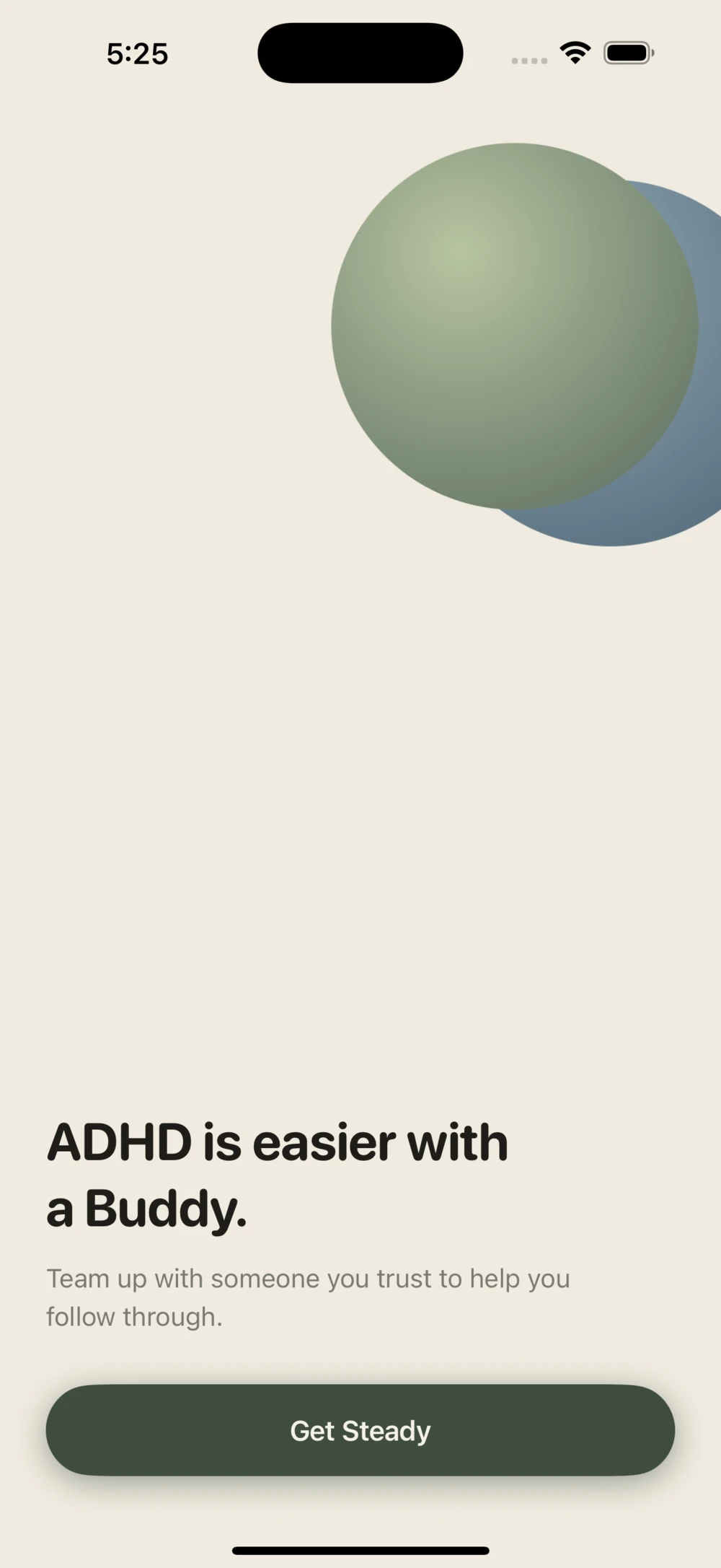 Welcome screen: ADHD is easier with a Buddy. Team up with someone you trust to help you follow through. Button: Get Steady
